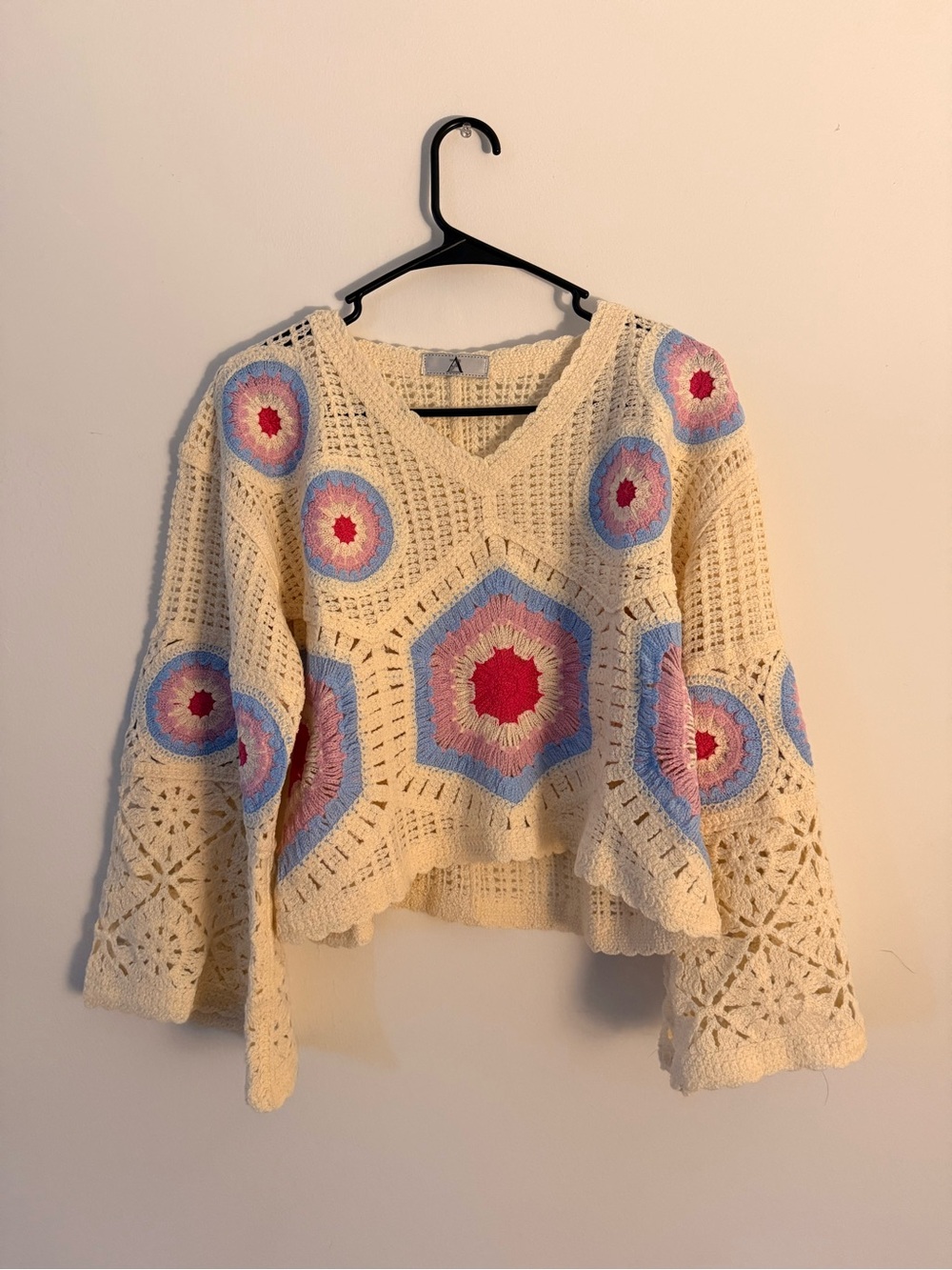 AZ Boutique Crochet V‑Neck Sweater with Pastel Patches - OS
